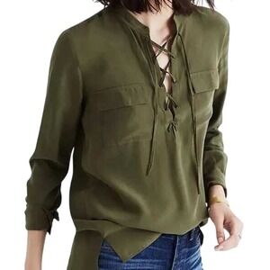MADEWELL Olive Green Silk Lace Up Long Sleeve Monroe Blouse EUC Size Small
